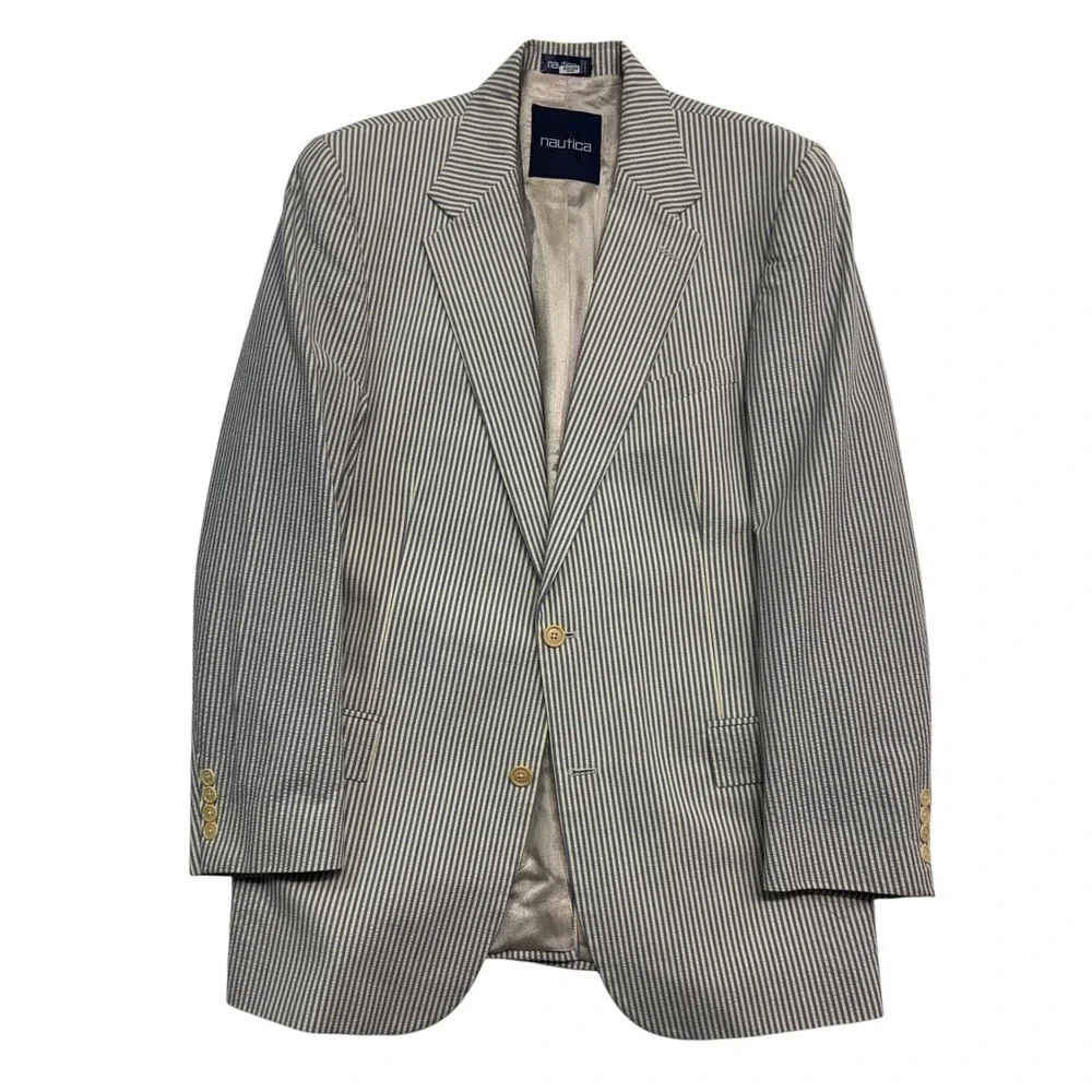 Nautica 40L 34x34 Blue White Stripe Seersucker 2pc Pant Suit Cotton Pleated Cuff